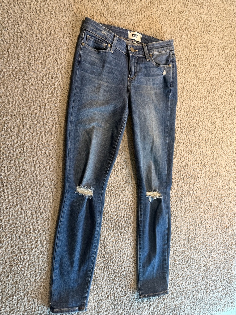 PAIGE Women's Skinny Jeans in Medium Blue with Knee Distress